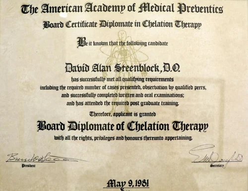 Certificado de Diplomate en terapia de quelación