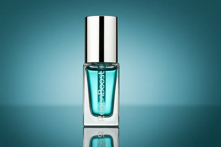 RegenBoost serum bottle with silver cap in aqua tones