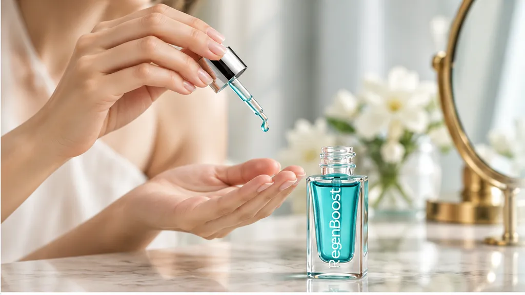 A hand dispensing serum with a dropper above the palm, with the RegenBoost bottle alongside